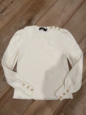 Ralph Lauren Cream Puff-Sleeve Long Sleeve Top with Gold Buttons